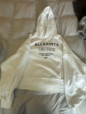 AllSaints White Pullover Hoodie with Branded Neck Label